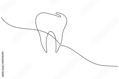 Elegant single line art illustration of a human molar. This clean vector design represents dental health, professional tooth care, and modern stomatology.