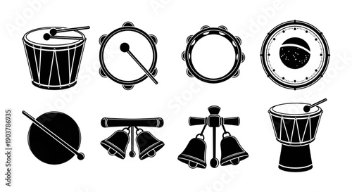 Percussion instrument set with drums tambourine and bells vector