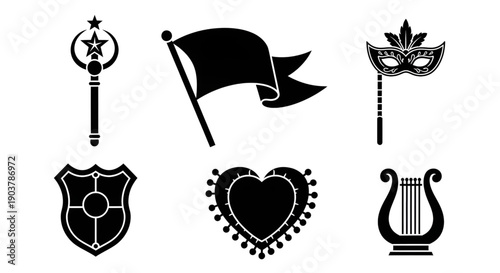 Carnival party icon set with mask flag heart and scepter