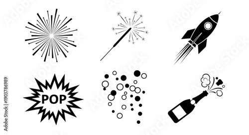 Collection of black icons depicting fireworks, a rocket, and celebration elements.