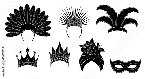 Decorative black silhouettes featuring carnival headwear, crowns, and a mask.