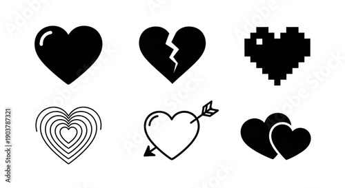 Collection of various black heart icons displaying different symbols of love and emotion.