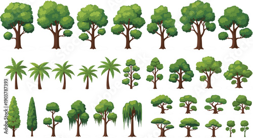 Large collection of stylized green tree vectors including palm trees, oaks, pines, and shrubs in a flat game art style isolated on white.