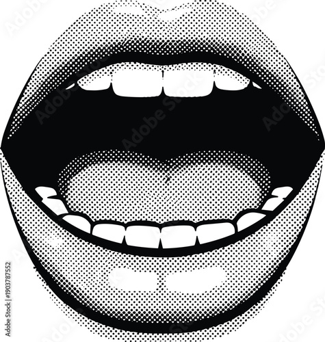Black and white halftone dot art of a woman's wide open mouth with tongue visible lips teeth