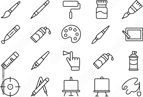 Artist supplies vector icons. modern flat creative symbols. brush pen roller paint palette spray notebook easel compass paint can graphic tablet ruler