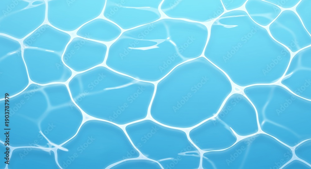 Fototapeta premium High Angle View of Clear Blue Swimming Pool Water with Bright Sun Caustics and White Ripple Patterns, Summer Vacation Leisure Background