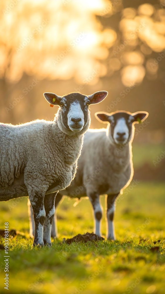 Fototapeta premium Two Sheep Grazing in a Sunny Field at Sunset.