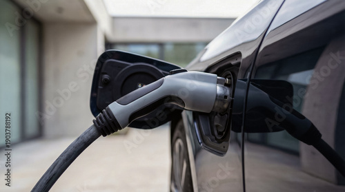 Electric car charging cable plugged into modern ev at home garage: clean technology concept with shallow depth of field and cinematic reflections