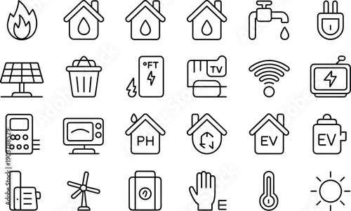 Electronic utility monitoring and sustainable living outline icons set with residential energy and water management