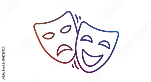 Vibrant gradient line art illustration of classic theatrical masks symbolizing comedy and tragedy