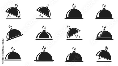 Minimalist cloche icons showing various open and closed positions with rising steam for restaurant and catering service logos.