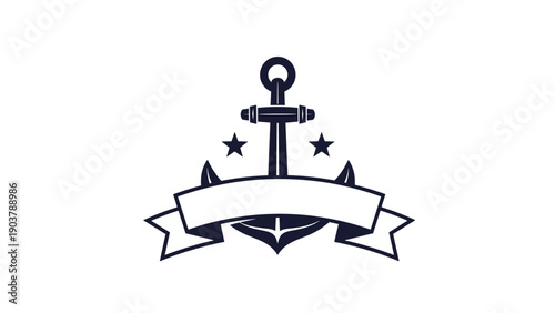 Classic maritime nautical anchor emblem with two stars and a blank ribbon banner for customizable naval or seafaring branding projects.