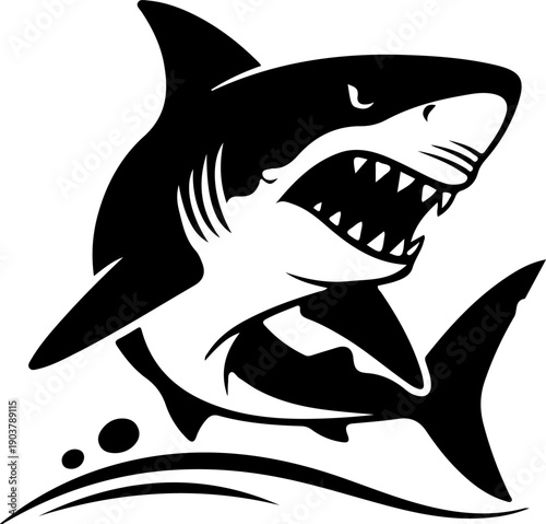 A menacing shark emerges from the ocean waves with sharp teeth and a powerful fin in a dramatic black illustration