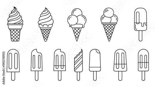 Minimalist line art icons of various ice cream cones and popsicles showing different shapes and bitten portions for dessert shop menus.