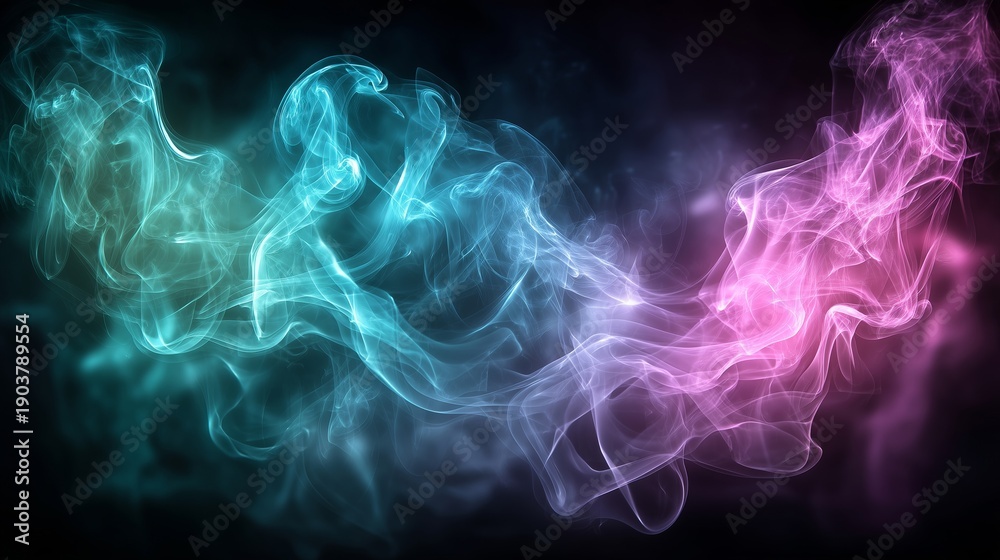 Fototapeta premium Vibrant wisps of blue and purple smoke intertwine gracefully against a contrasting dark backdrop, creating a mesmerizing abstract scene. Generative AI.