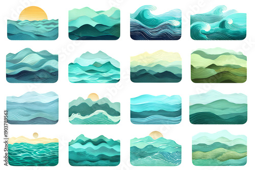 A collection of 15 unique ocean wave illustrations in various shades of blue and green on transparent background