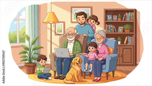 Multigenerational family gathers outdoors to share a moment of connection as grandparents use a laptop while younger relatives and a dog join the scene..