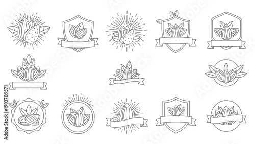 Set of almond nut badge logos featuring various shapes shields and sunburst elements in clean monochrome line art for food labeling.