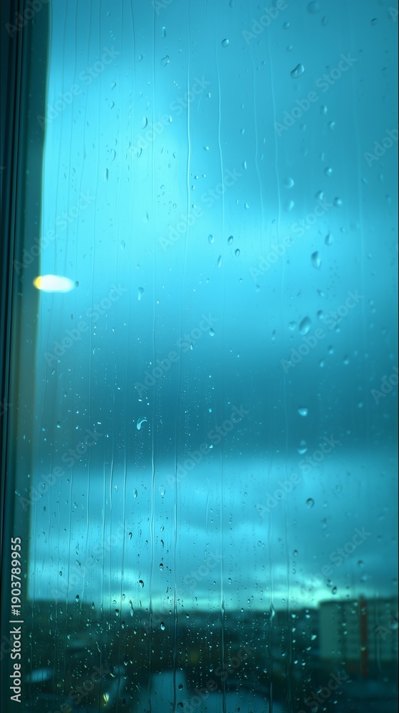 Obraz premium Close-up shot of a window with rain droplets, offering a view of a cloudy sky, illustrating a rainy day. Generative AI.