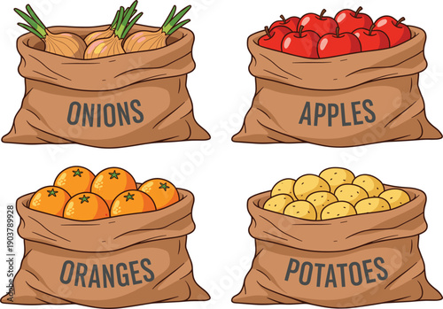 Set of burlap sacks filled with fresh produce including onions, red apples, oranges, and potatoes in a flat cartoon vector style for market designs.