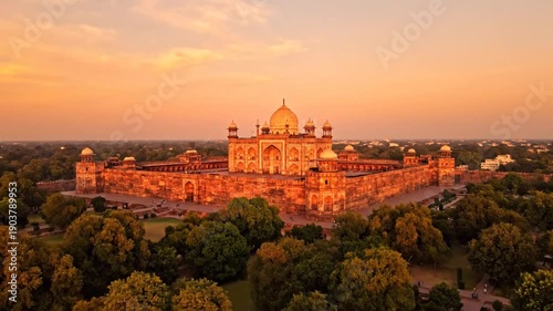 Wallpaper Mural Majestic Mughal Architecture Illuminated by Golden Sunrise Over Lush Green Oasis Vast Estate Aerial View Torontodigital.ca