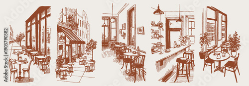 Street cafe facades bar counters coffee corners. Hand drawn crayon vintage sketch drawing line style captures storefronts, stools and small tables. Urban bistro atmosphere for branding or posters.