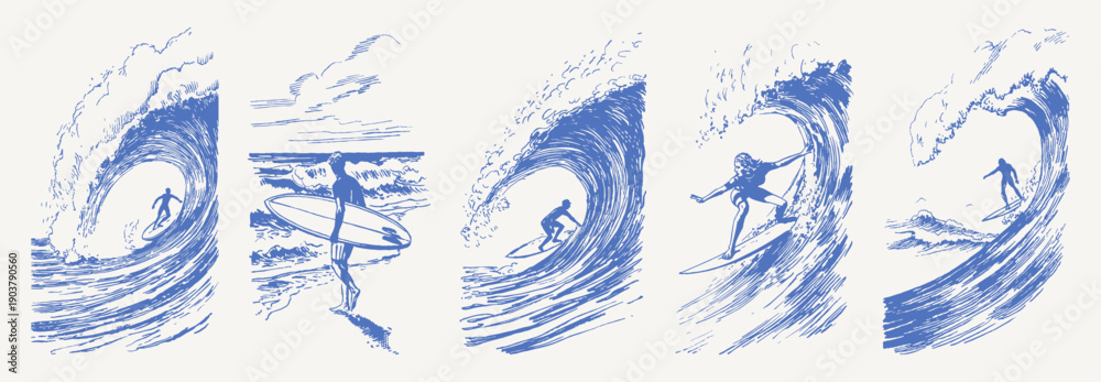 Fototapeta premium Powerful ocean wave surfer vintage hand drawn crayon sketch. Dynamic drawing line art set with curling sea and spray. Retro tropical summer sport illustration.