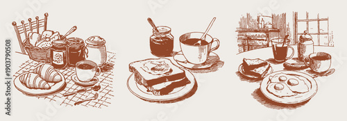 Toast jam honey eggs coffee home brunch. Hand drawn crayon vintage sketch drawing line style. Rustic table with bread basket, croissants, cups and simple comfort breakfast.