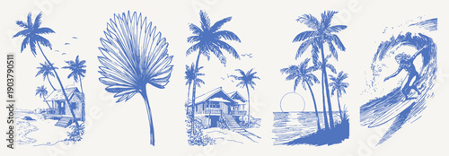 Surf waves palms vintage hand drawn crayon sketch. Dynamic drawing line set with surfers, ocean spray, huts and tropical foliage. Bold retro summer coastal graphics.