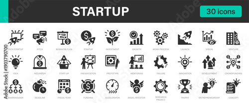 Startup icons set. Startup, Business, Innovation, Entrepreneurship, Growth and others.
