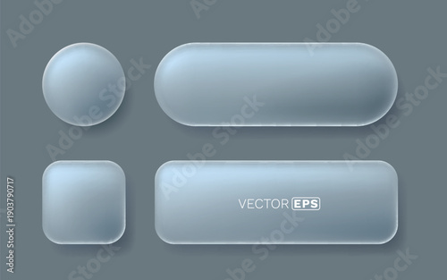Modern glass button set. Frosted transparent UI elements with soft shadows.