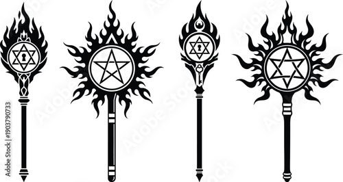 Four ornate torch designs featuring pentagrams and flames on a white background
