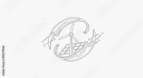 Abstract design showcasing a wind turbine and solar panels for sustainable clean energy solutions