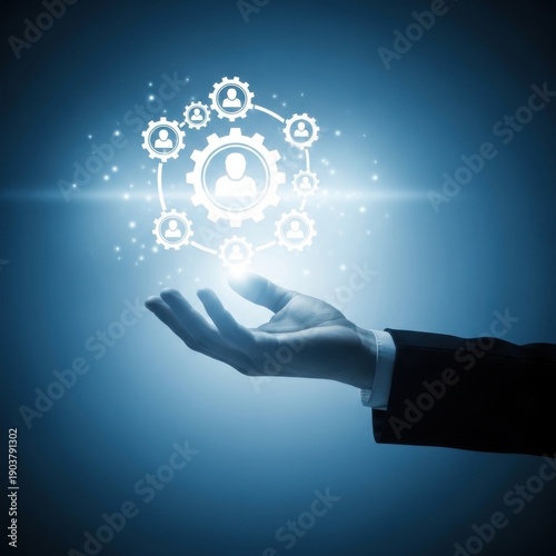 A futuristic hand holding a glowing network icon