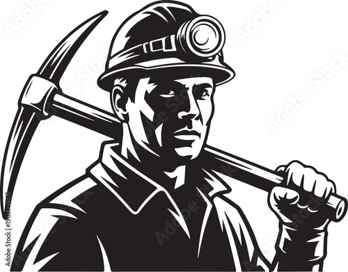 Miner with Pickaxe Black and White Vector Illustration - Mining Worker Silhouette Industrial Labor Design