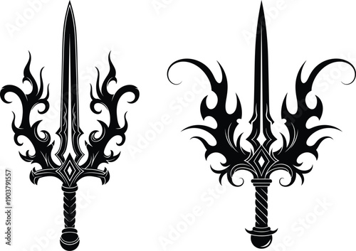 Two ornate fantasy swords with flame inspired designs on their hilts and pommels