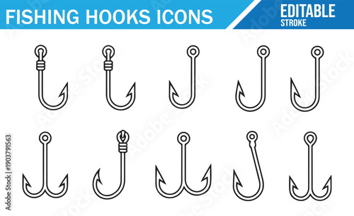 Fishing Gear Icons, Set of Double Hooks, Vector Line Art, Editable Stroke
