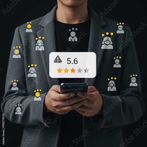 Man holding a phone with a rating on the screen and cartoon characters on his jacket