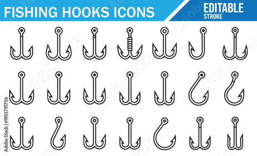 Editable Stroke Fishing Hooks, Vector Line Icons Collection for Fishing Gear