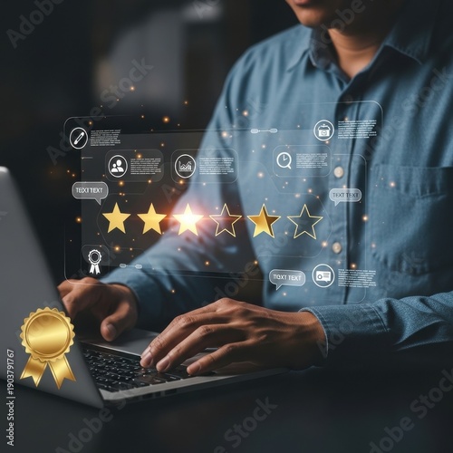 Man giving online review on laptop with star rating overlay