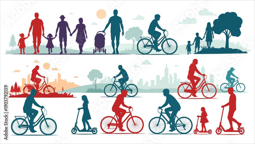Silhouette Families and Children Walking, Biking, and Riding Scooters Together, Multigenerational Outdoor Lifestyle Illustration.