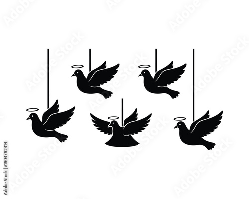 Five black dove silhouettes with halos hanging from strings on white background