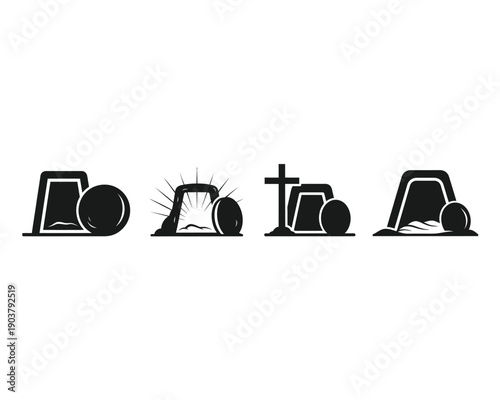 Black and white illustration of tombstones forming the word 'boata'