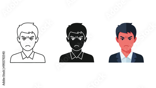 Angry man avatar set outline, silhouette and color illustration of a furious male character in business attire