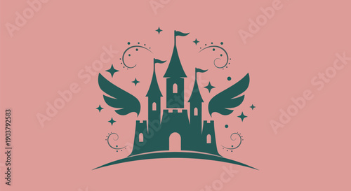 Fantasy castle with wings illustration
