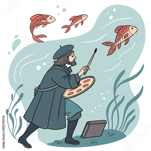 Surreal Renaissance Painter Underwater, Artistically Capturing Living Fish in a Dreamlike Subaquatic Studio Scene