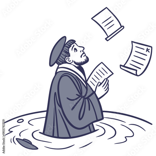 Meditative Renaissance Philosopher Submerged in Water, Deep in Thought and Reflection, Symbolizing Profound Contemplation