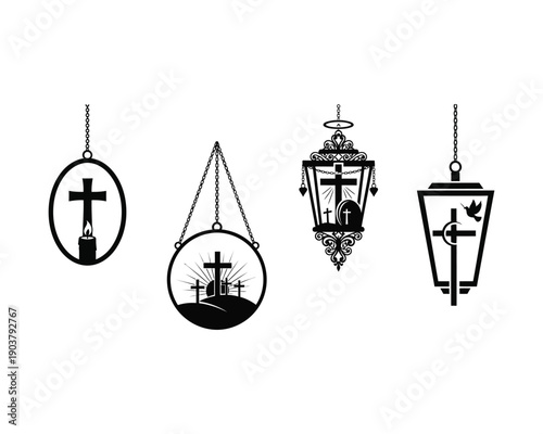 Four hanging ornaments featuring crosses and christian symbols