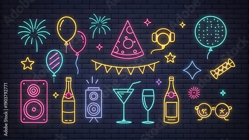 Neon festive icons glowing collection high resolution picture