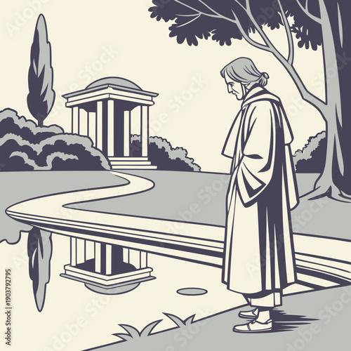 Contemplative Renaissance Philosopher with Water Reflections on Face, Evoking Serene Wisdom and Inner Peace